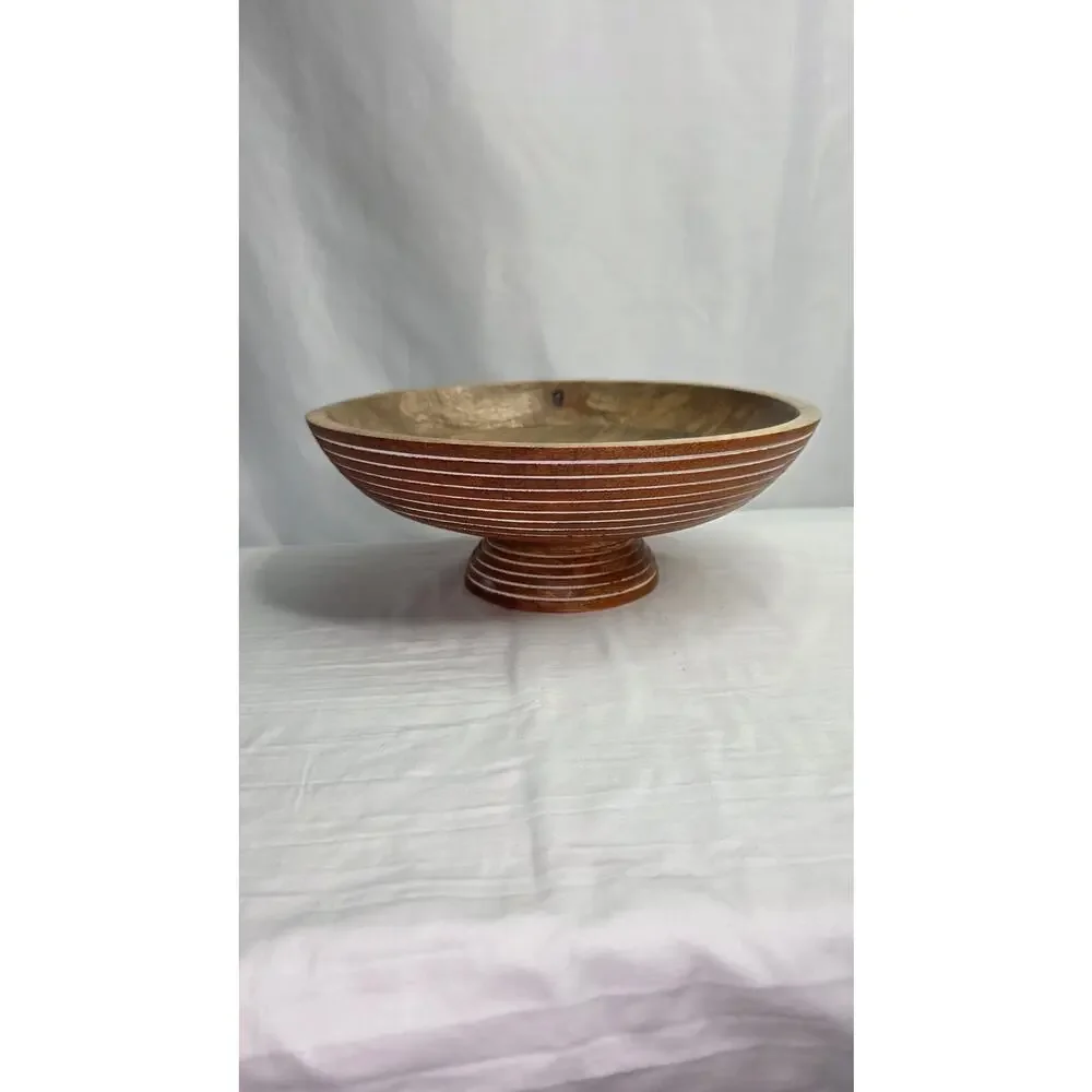 Mango Wood Salad Bowl 12” Hand Carved Striped Decorative Rustic Farmhouse